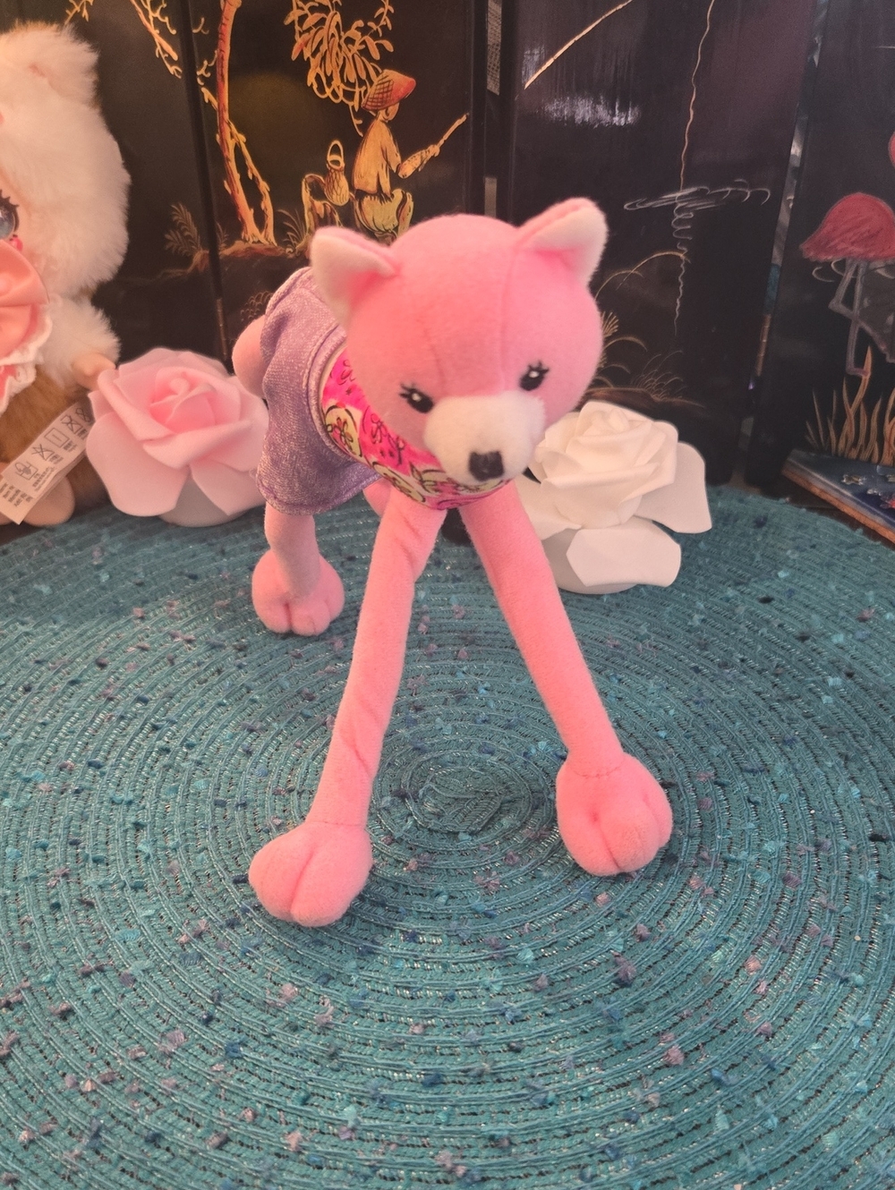 Barbie Pink Plush Bendable Poseable Cat with Purple Outfit and Floral Scarf